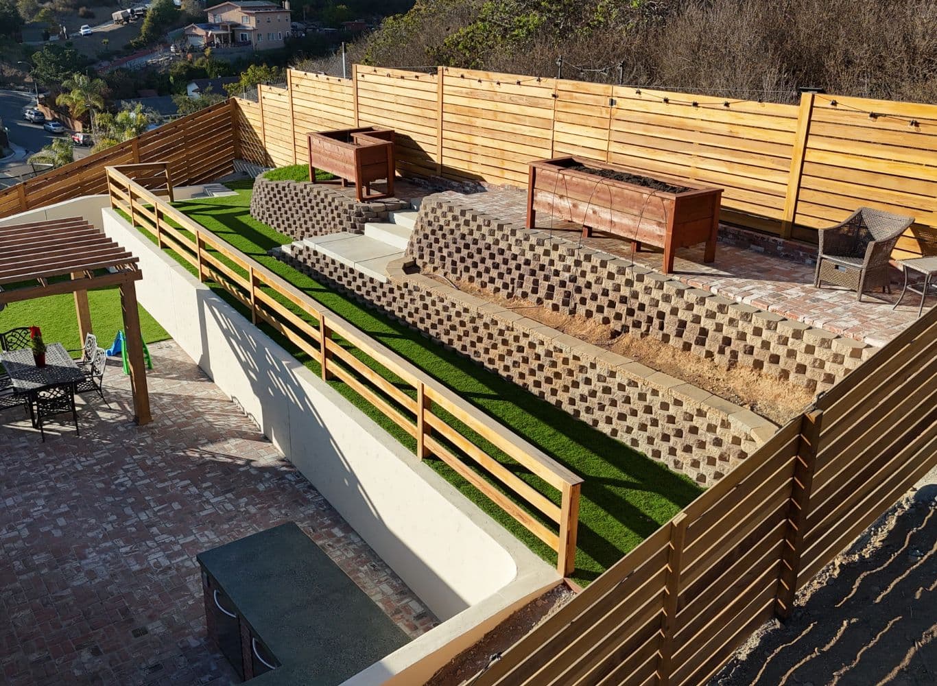 Backyard remodel with artificial turf, pavers and patio cover