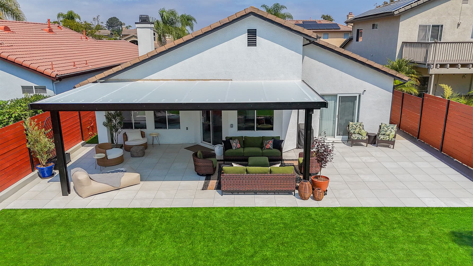 Backyard remodel with artificial turf, pavers and patio cover