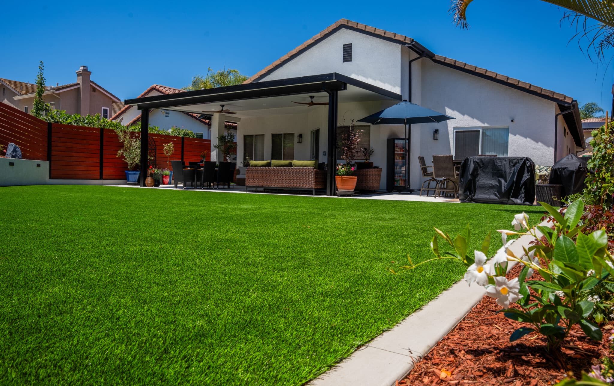 Backyard remodel with artificial turf, retaining wall and landscaping
